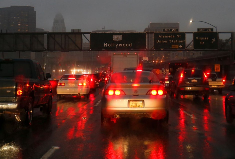 Soggy weather turns morning traffic into gridlock in Los Angeles in February 2014.