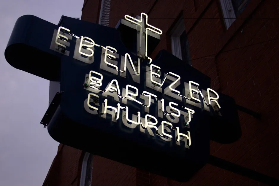 The original Ebenezer Baptist Church, where Martin Luther King Jr. was pastor, in Atlanta's Sweet Auburn area. 
