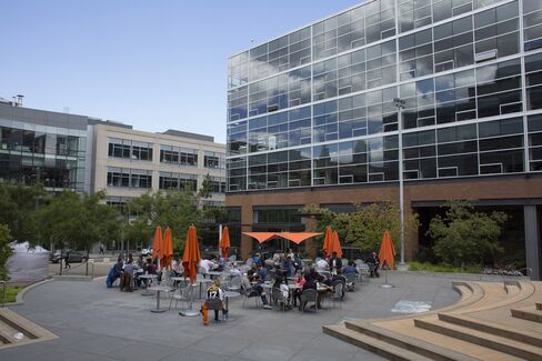 People eat lunch in a courtyard outside the Amazon offices.