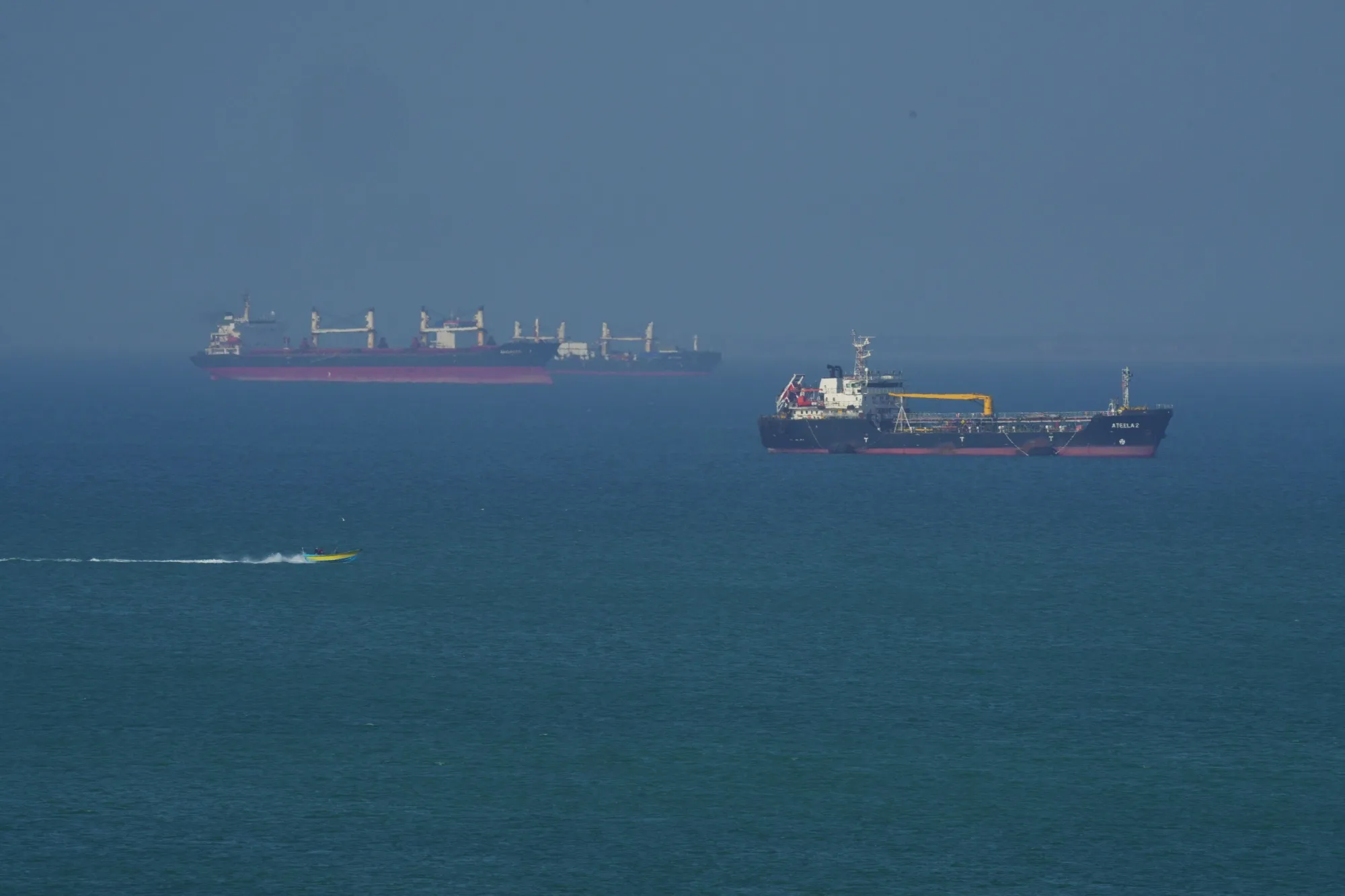 Oil tankers navigate the sea near Qeshm Island, Iran in the Strait of Hormuz on April 28.