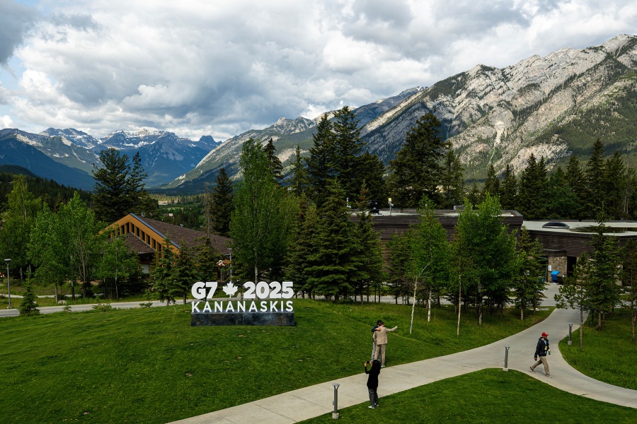 Attendees at the G7 Media Centre before the G7 Leaders' Summit in Banff, Alberta, on June 15.