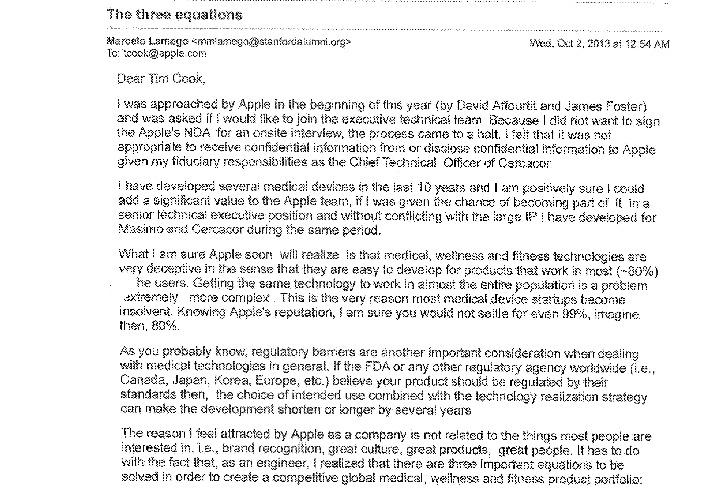 An email engineer Marcelo Lamego sent to Tim Cook.Source: Masimo lawsuit against Apple