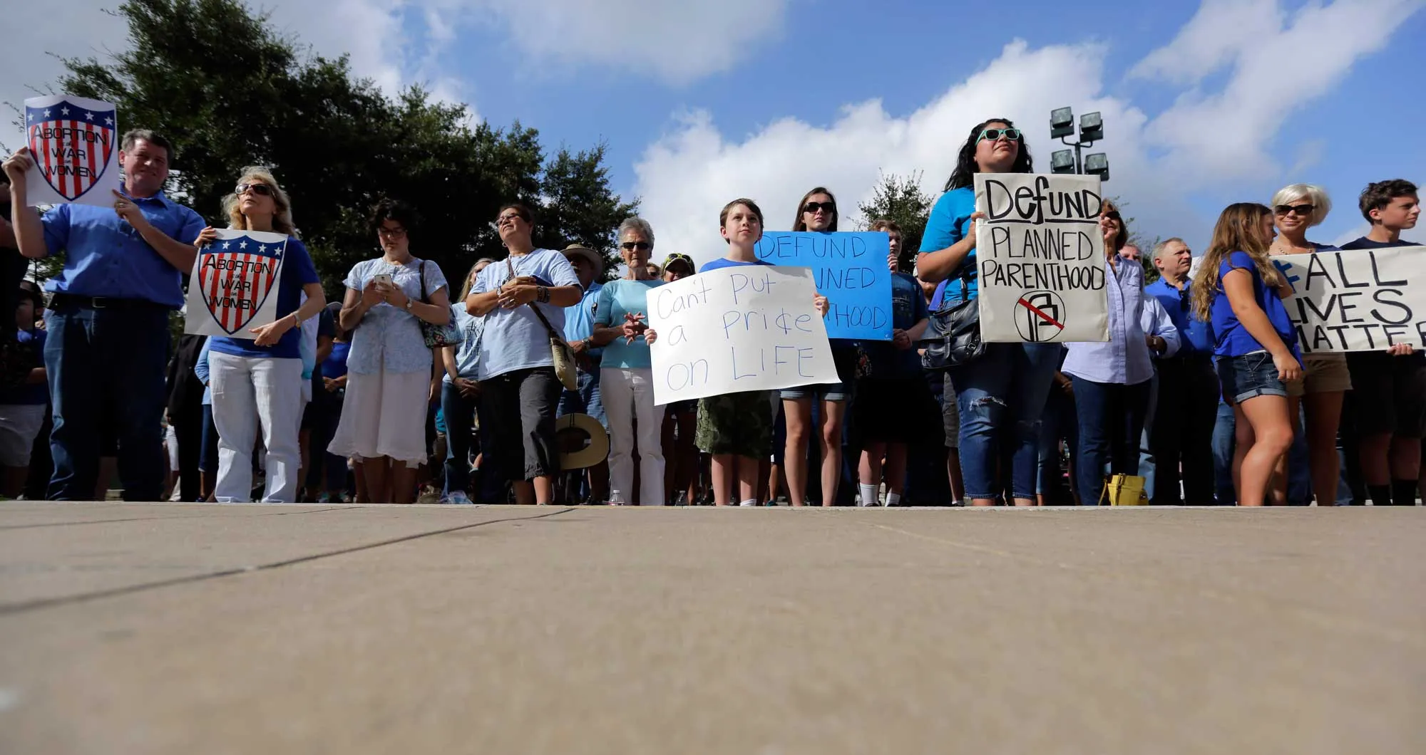 Anti-abortion activists rally on the steps of the Texas Capitol to condemn the use in medical research of tissue samples obtained from aborted fetuses on July 28, 2015, in Austin, Texas.
