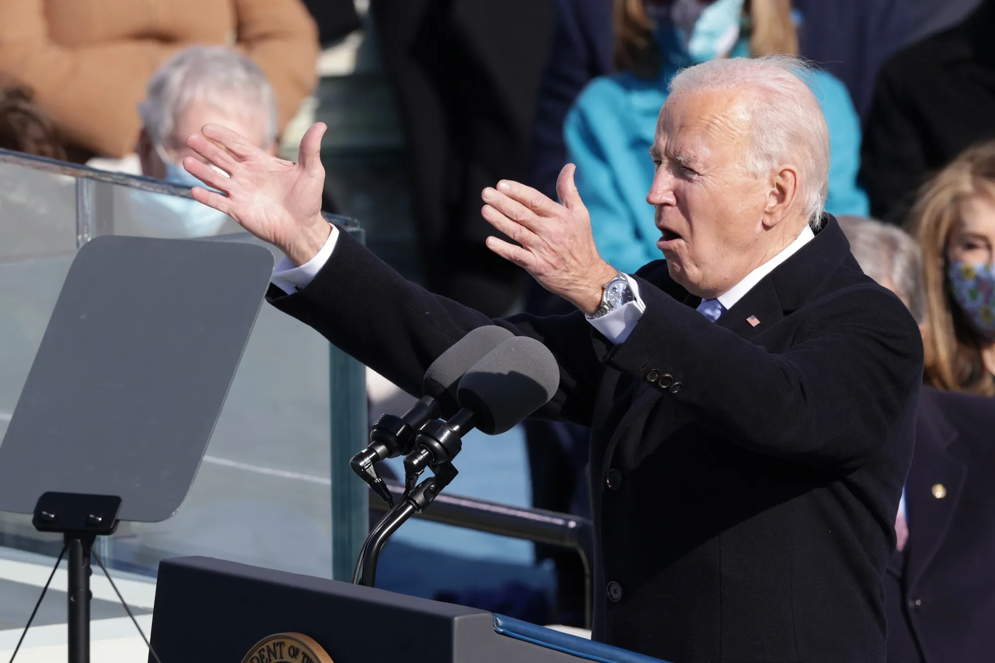 Freshly inaugurated President Joe Biden at the podium with his Datejust on wrist.