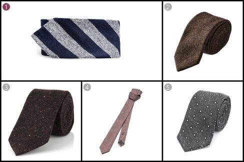 (1) Striped tweed tie, Salvatore Piccolo, $145, thecorner.com; (2) Herringbone wool tie in brown, Frank & Oak, $38, frankandoak.com; (3) T-Tie Italian wool tweed tie, Boss, $145, hugoboss.com; (4) Tweed check tie, Kenneth Cole, $55, kennethcole.com; (5) Melange diamond tie, Rag & Bone, $125, eastdane.com.