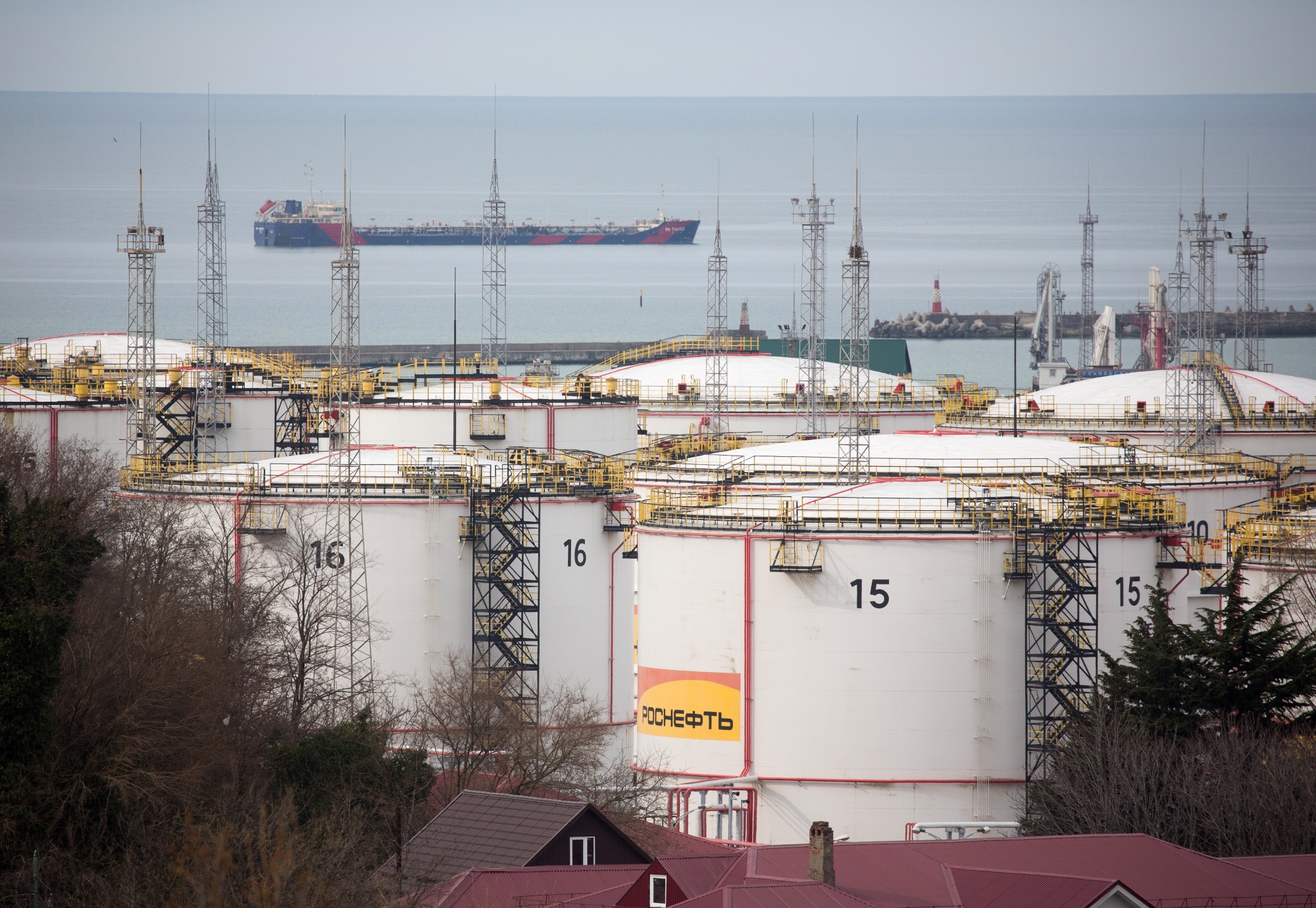 Oil storage tanks stand at the RN-Tuapsinsky refinery in Tuapse, Russia, on March 23.