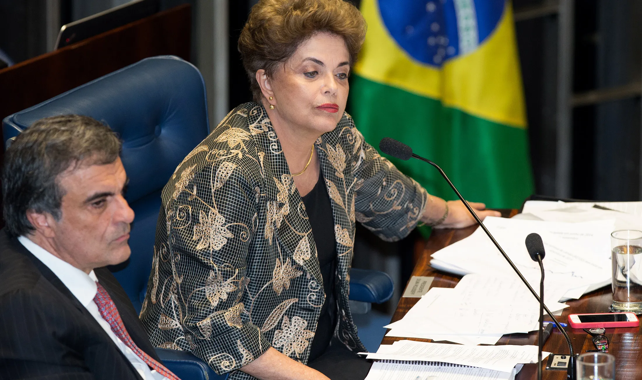 Rousseff, right, with her lawyer Jose Eduardo Cardozo, listens during her impeachment trial in Brasilia, Brazil, on Aug. 29, 2016.
