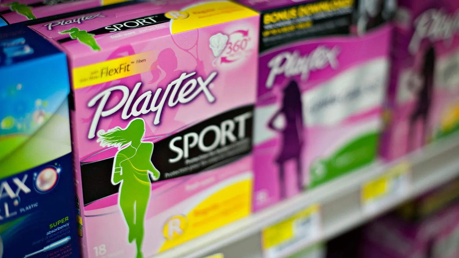 Energizer Holdings Inc. Playtex brand tampons sit on display in a supermarket in Princeton, Illinois, on April 30, 2014.
