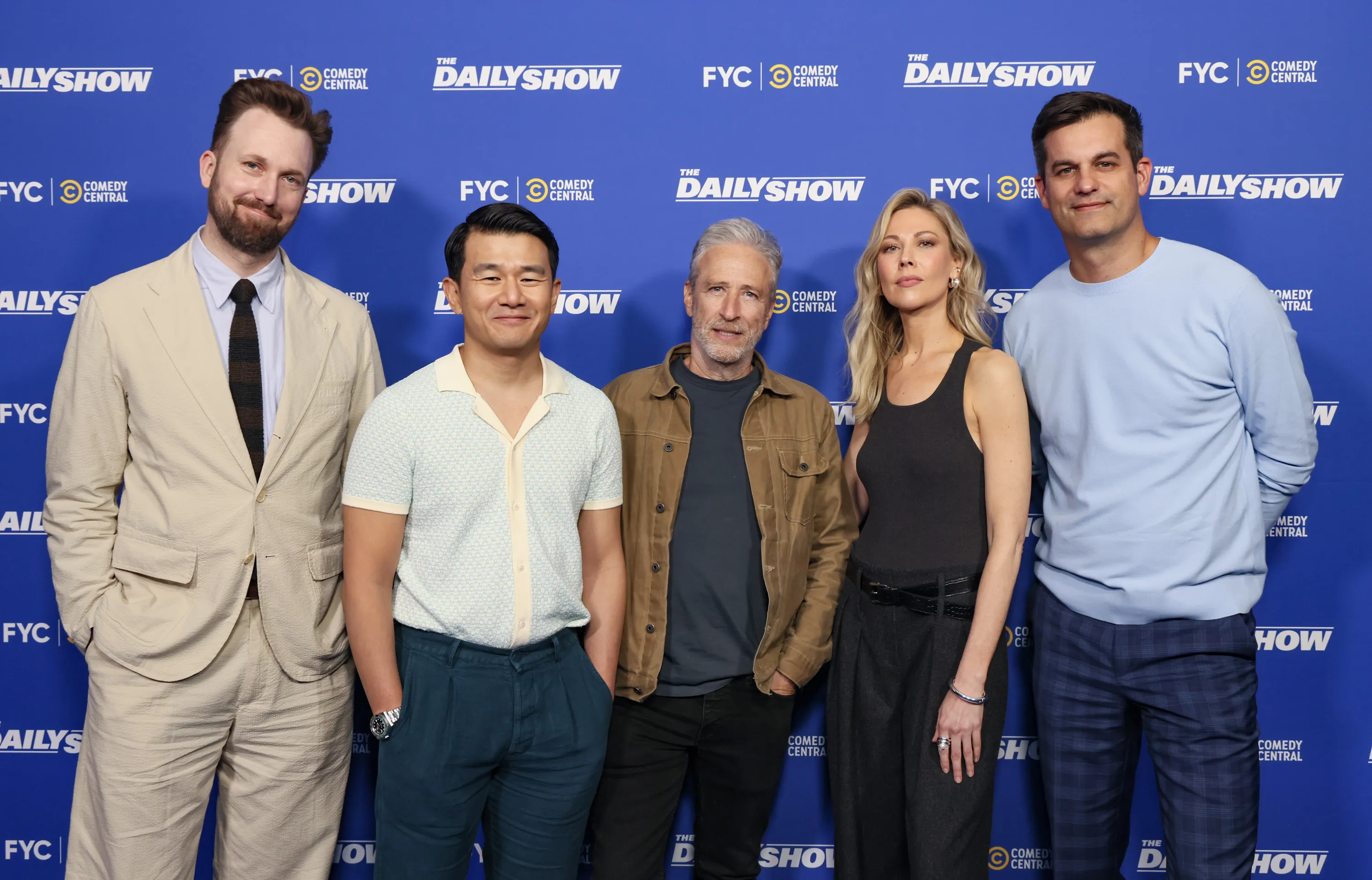 Jordan Klepper, from left, Ronny Chieng, Jon Stewart, Desi Lydic, and Michael Kosta.