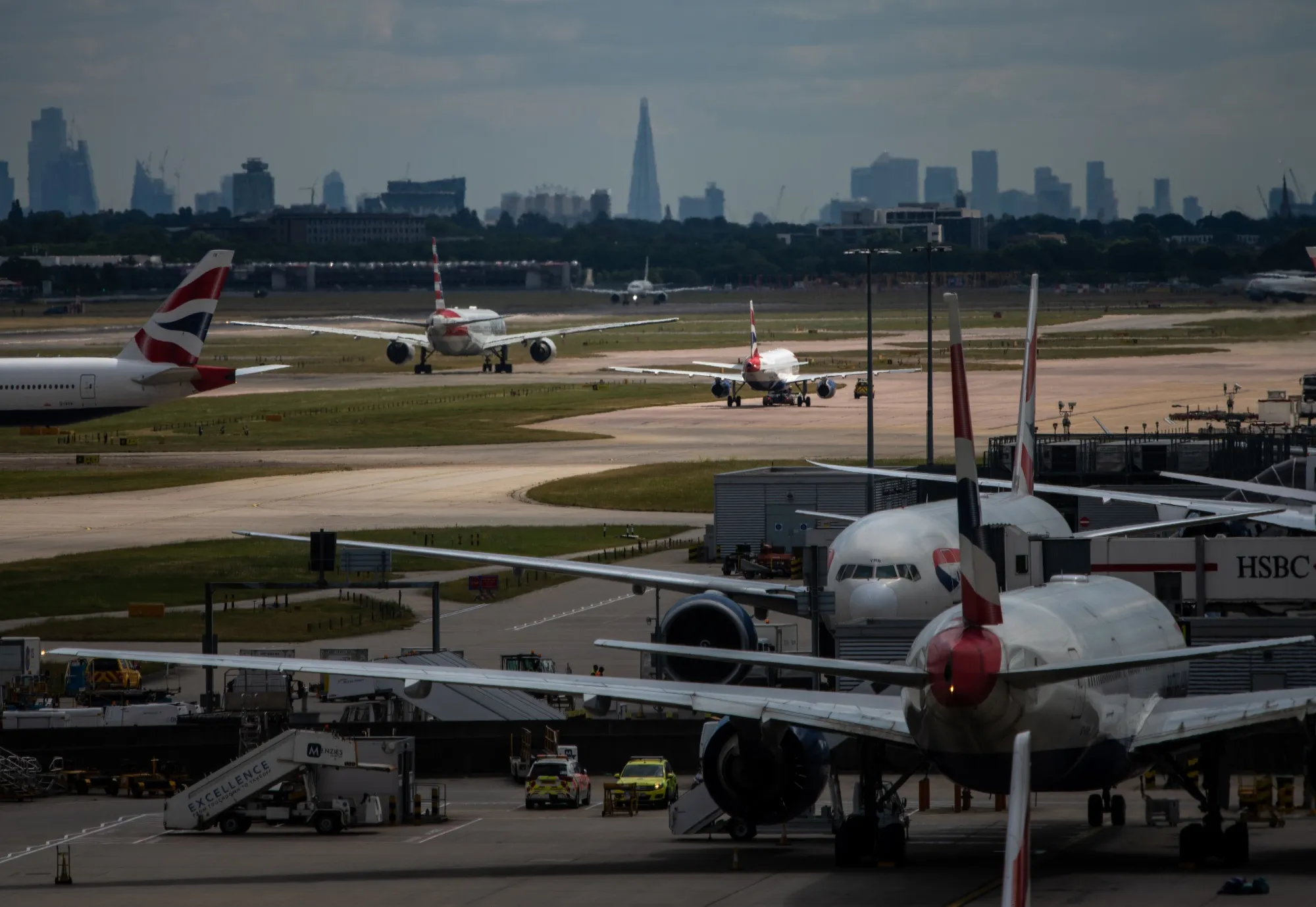 Airliners pack London’s Heathrow Airport.