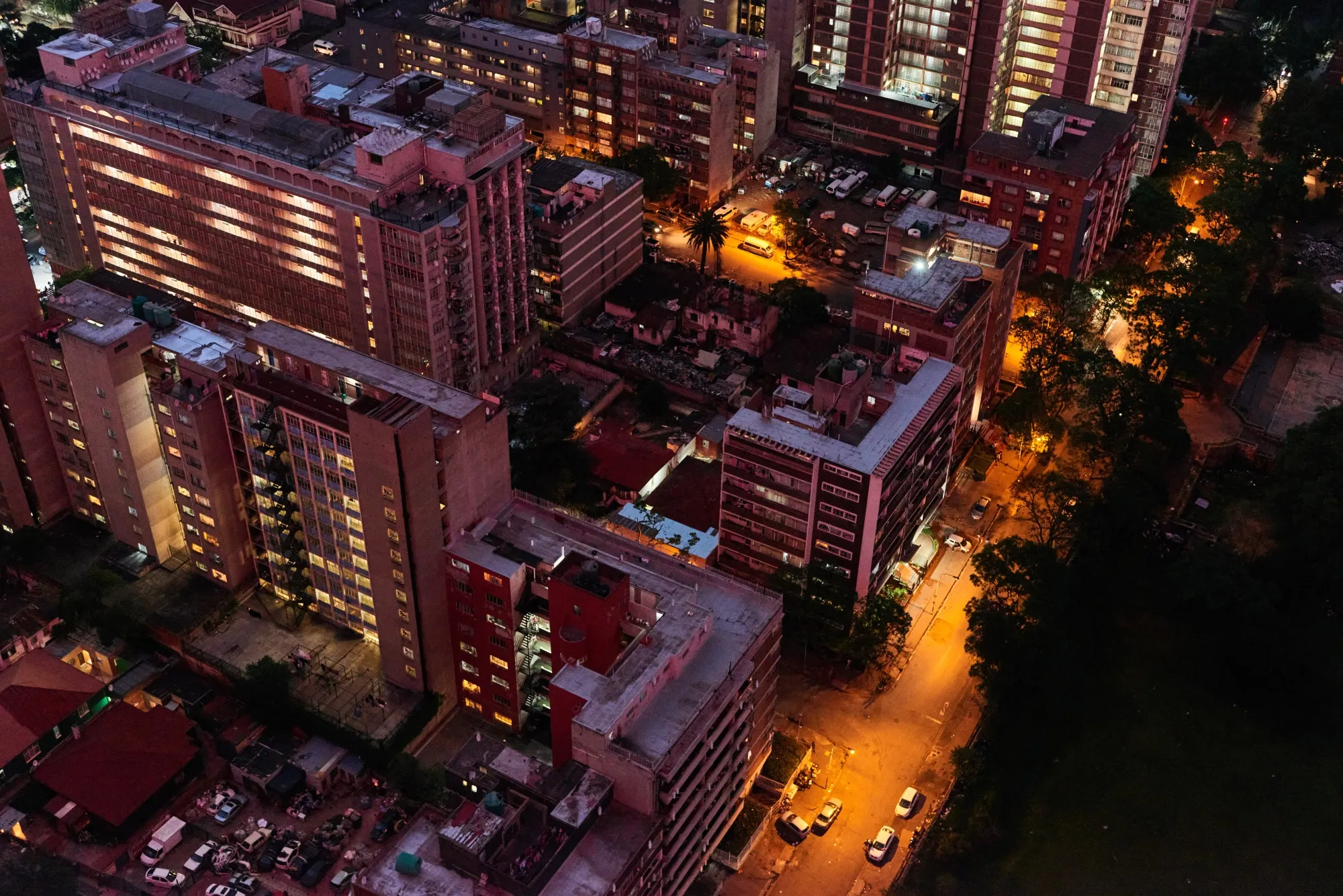Lit residential tower blocks in the Berea district of Johannesburg.