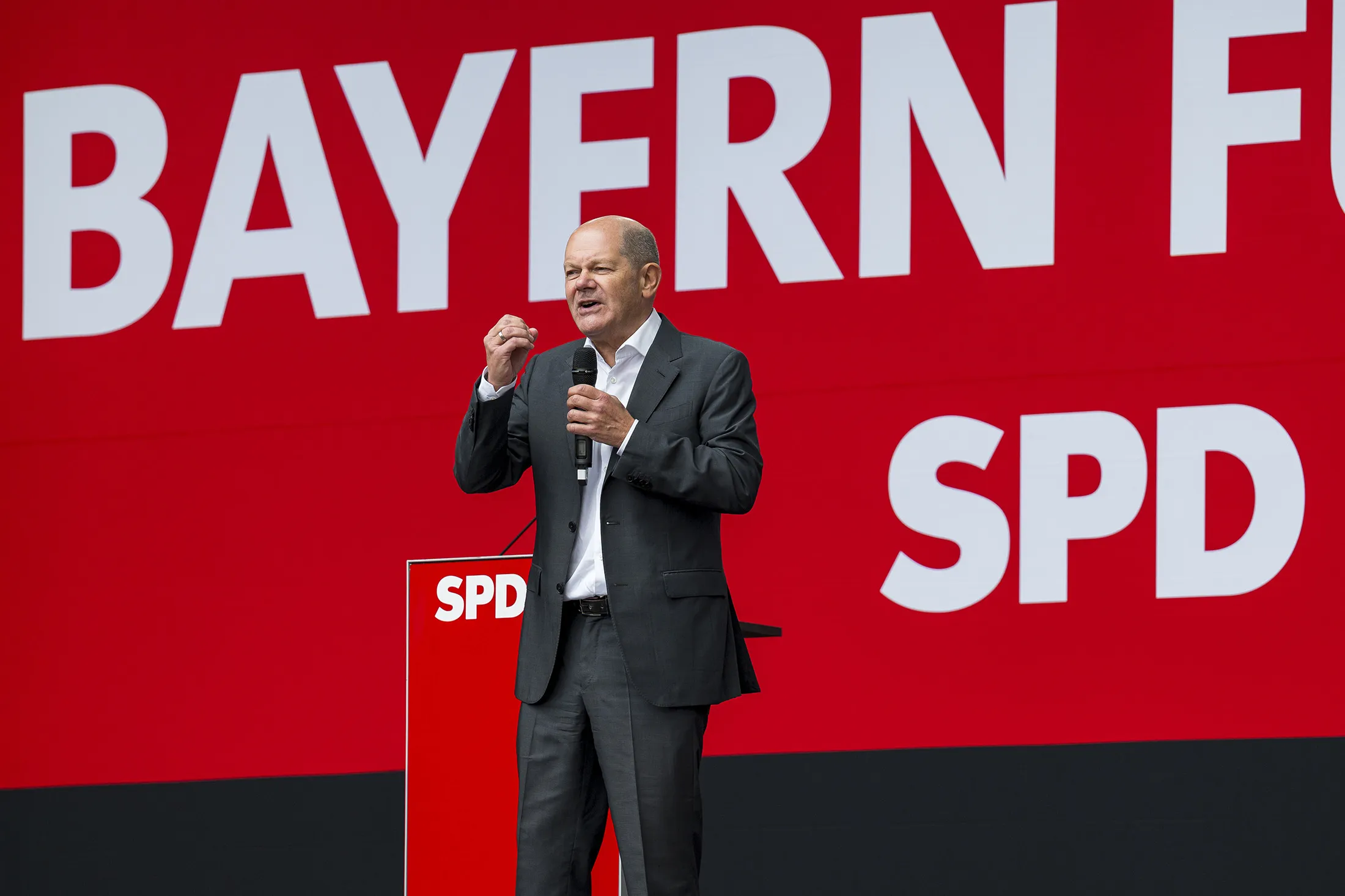 23 September 2023, Bavaria, Nuremberg: Olaf Scholz speaks during an SPD election campaign rally in Nuremberg, Bavaria on Sept. 23.