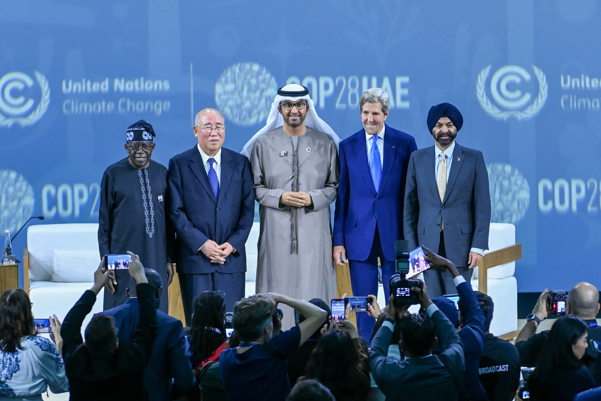 Bola Tinubu, Xie Zhenhua, Sultan Ahmed Al Jaber, John Kerry and Ajay Banga at the COP28 climate conference at Expo City in Dubai, United Arab Emirates on Dec. 2.
