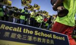 Supporters of the San Francisco School Board recall gather at Carl Larsen Park in San Francisco, on Feb. 12.