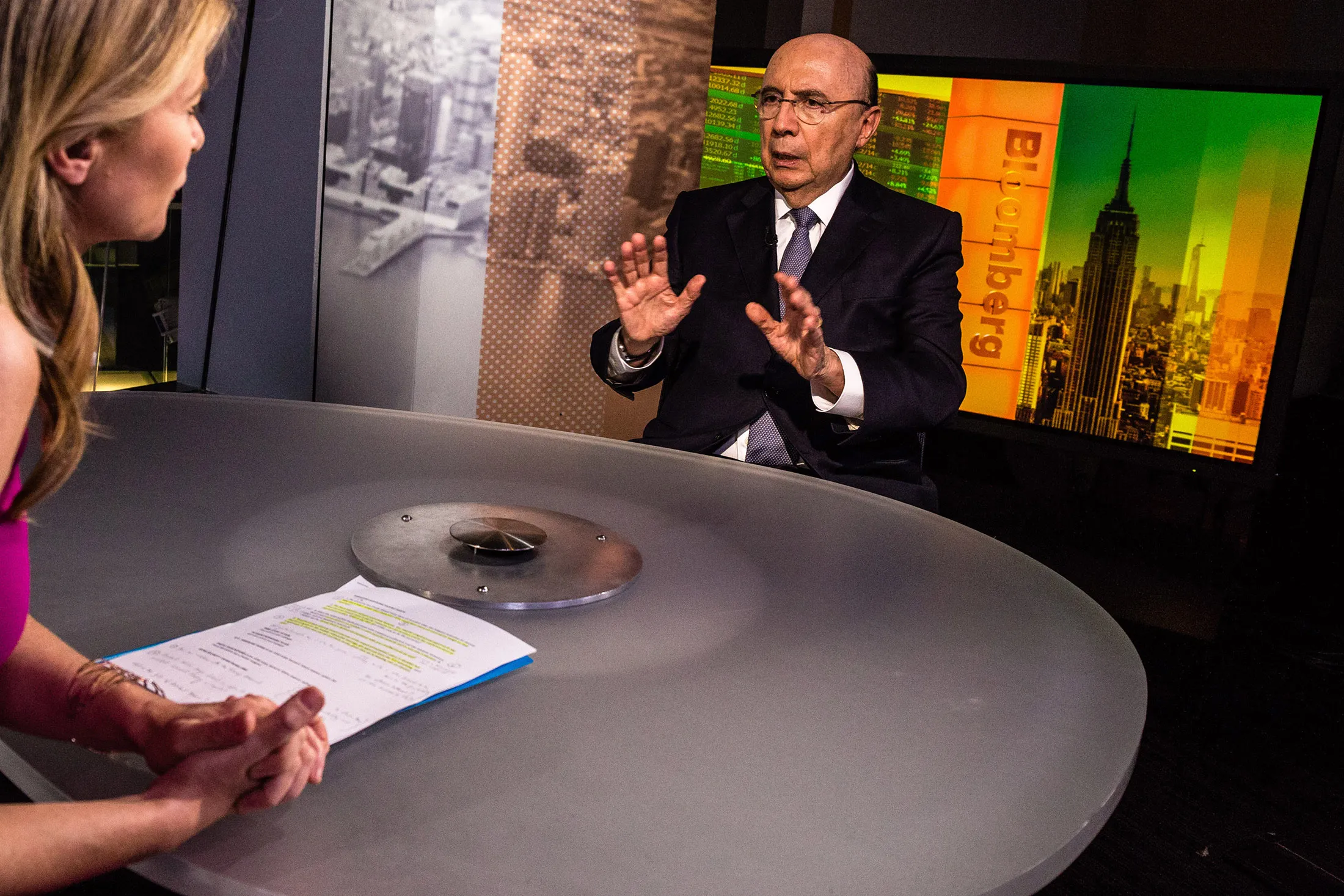 Henrique Meirelles speaks during an interview in New York, on Sept. 20, 2017.

