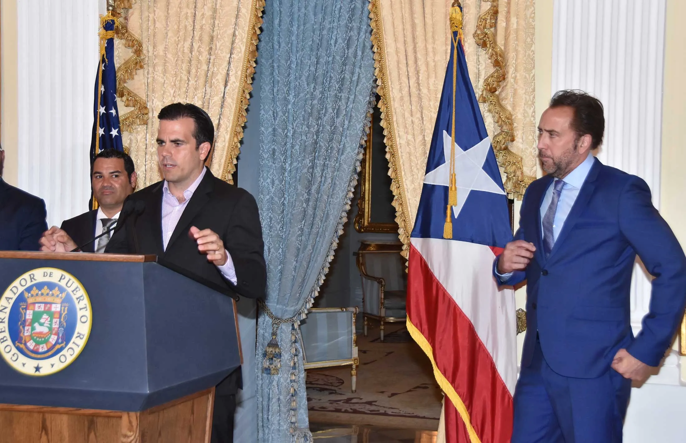 Actor Nicolas Cage at a press conference with Governor&nbsp;Rosselló on April 17, 2018.
