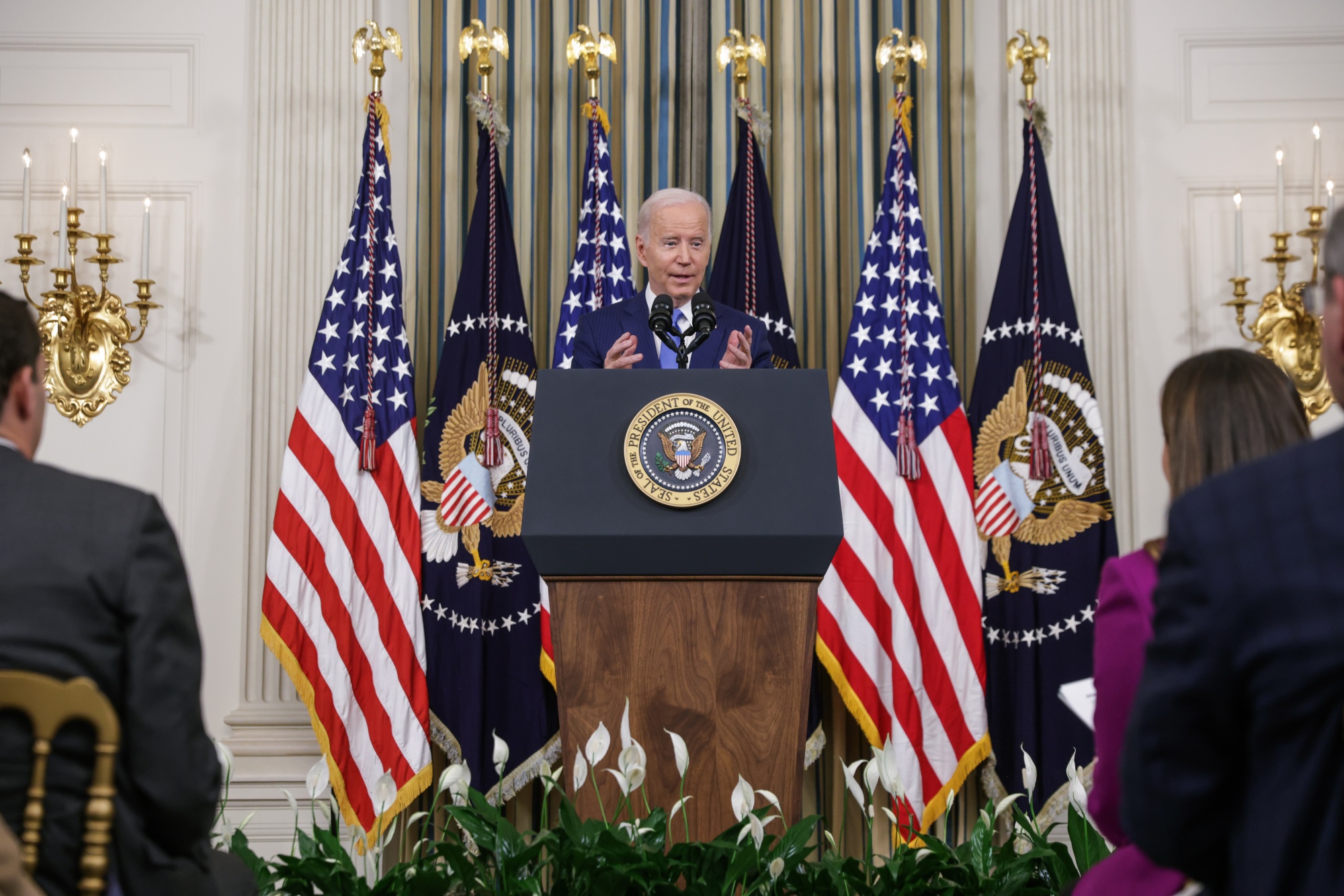 President Biden speaks during a news conference in the State Dining Room of the White House on Nov. 9.