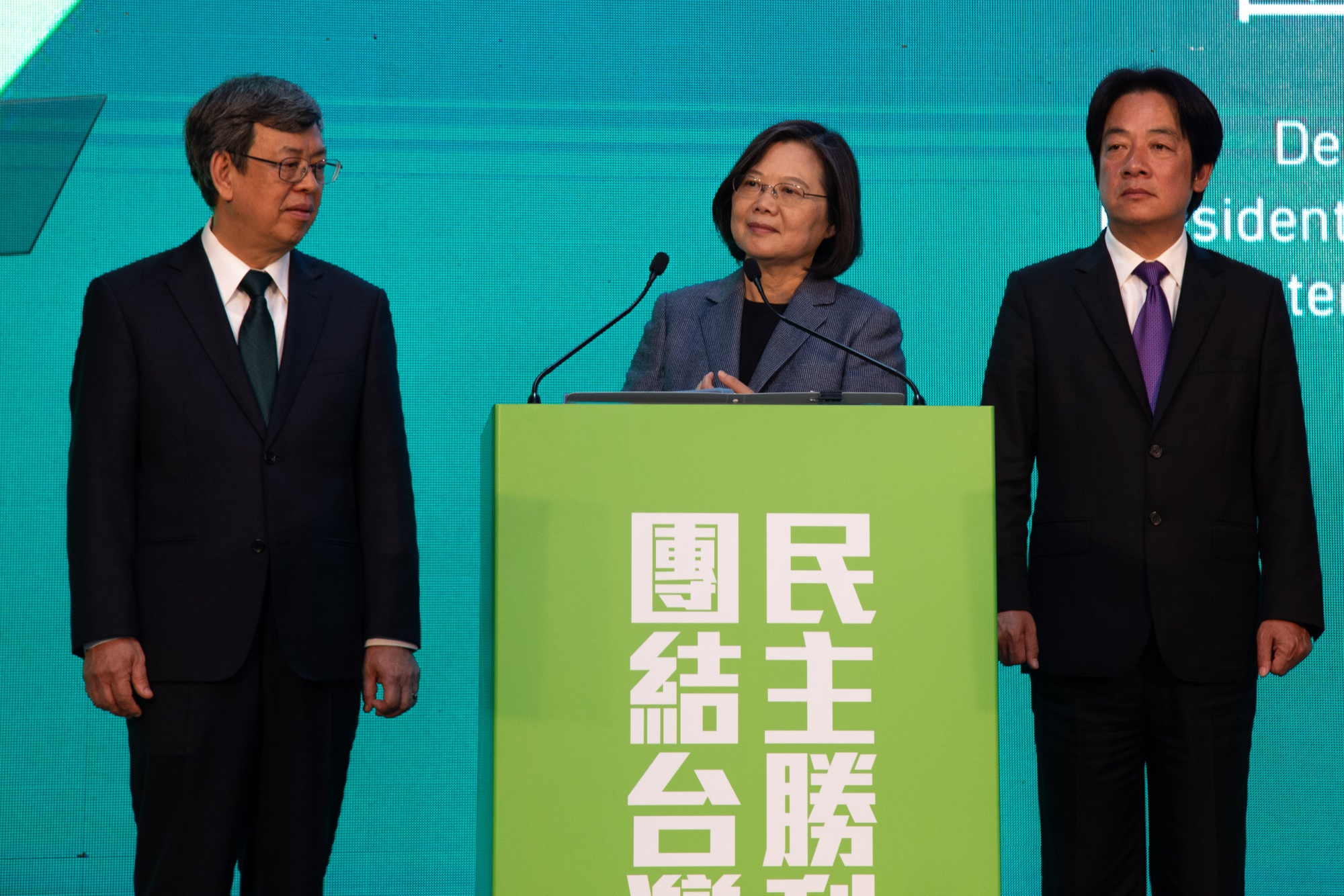 Tsai Ing-wen, center, pauses while speaking during a news conference in Taipei, on Jan. 11.