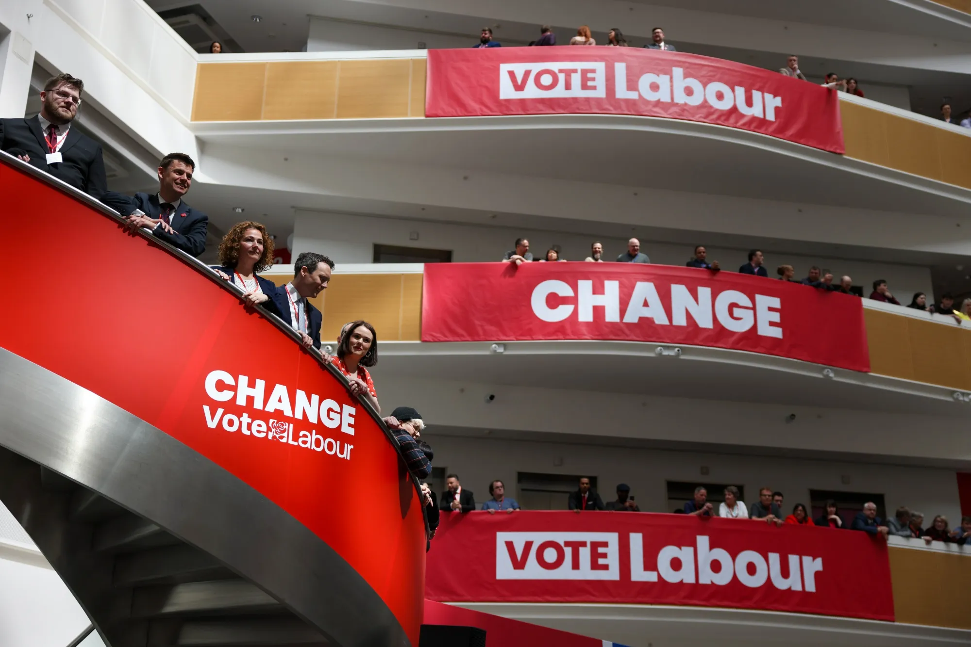 Labour Party banners at the venue for the launch of the party's general election manifesto in Manchester on June 13.