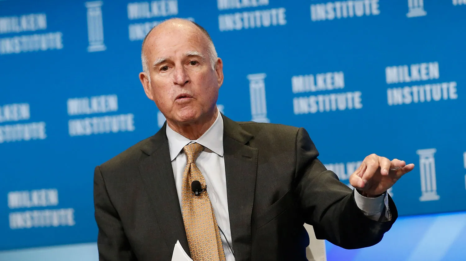Jerry Brown, governor of California, speaks during the annual Milken Institute Global Conference in Beverly Hills, California, U.S., on Wednesday, April 29, 2015.
