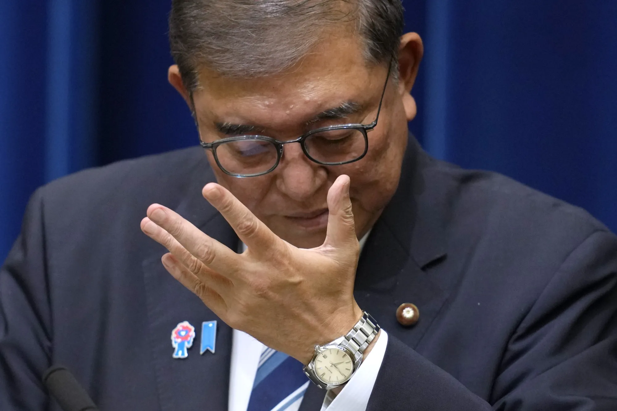 Shigeru Ishiba resigns during a news conference, on Sept. 7.