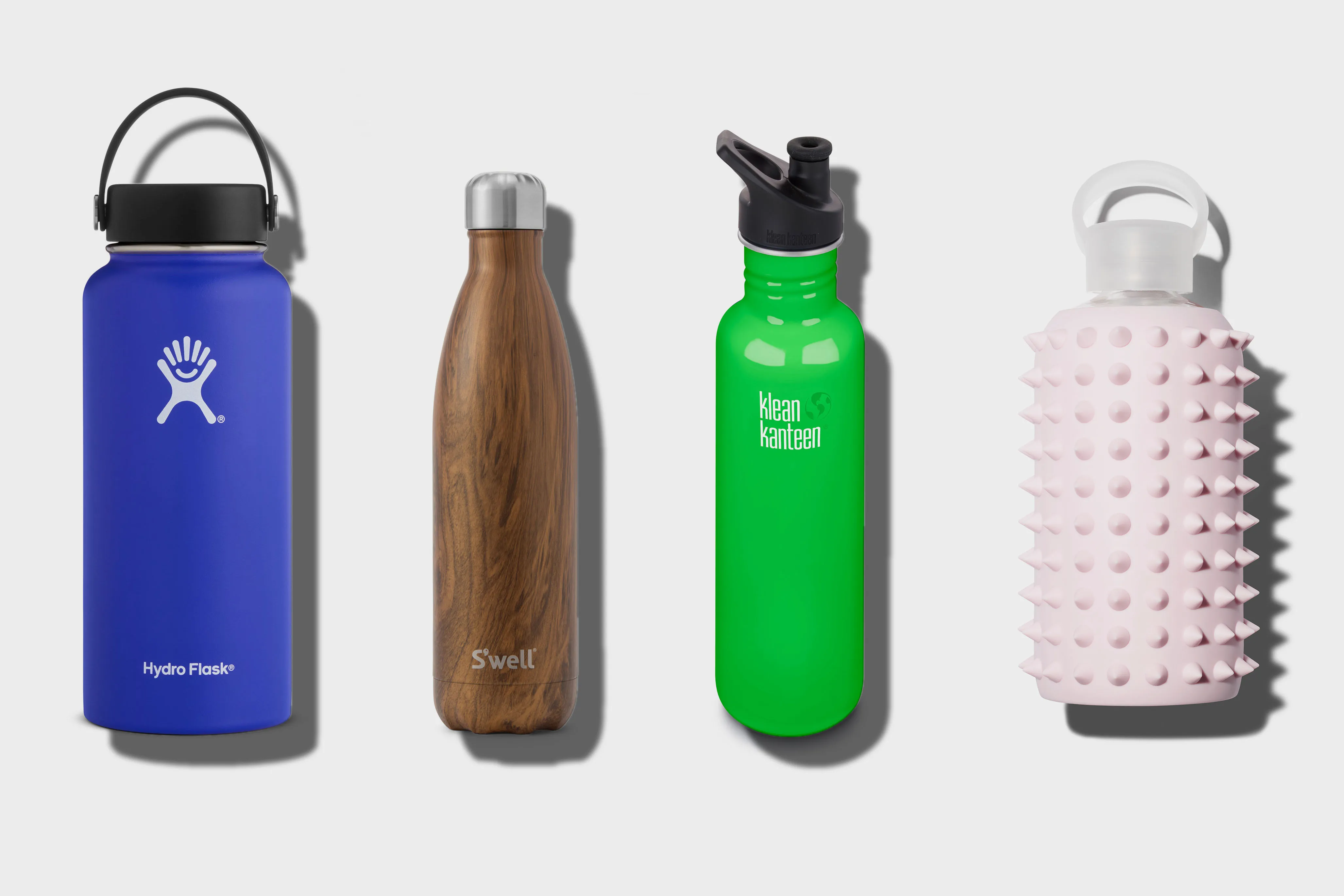 Luxury water bottles, from left: Hydro Flask,&nbsp;S’well,&nbsp;Klean Kanteen, Bkr.&nbsp;