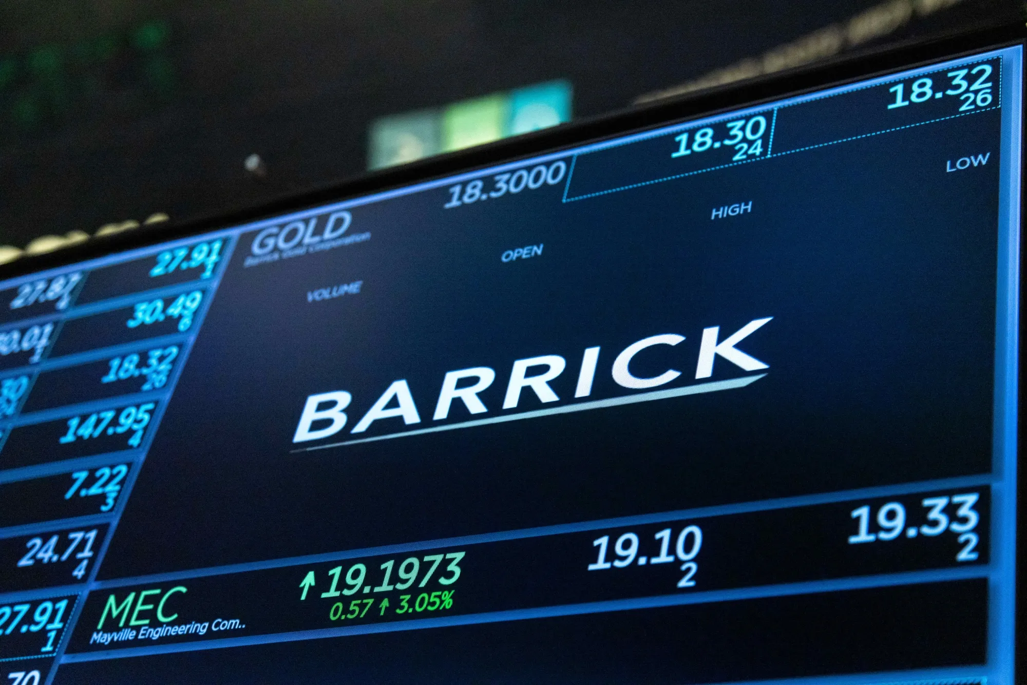 Barrick Gold Corp. signage on the floor of the New York Stock Exchange.