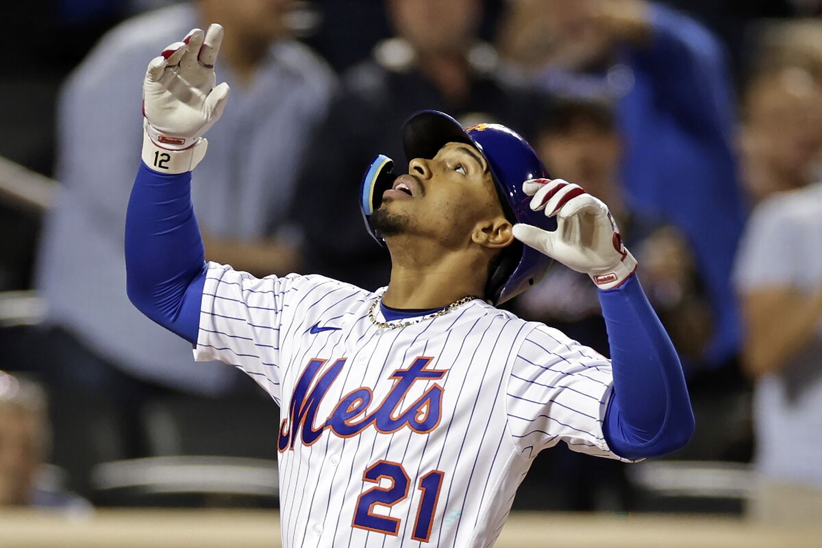 Daniel Vogelbach of the New York Mets gestures after hitting an RBI News  Photo - Getty Images