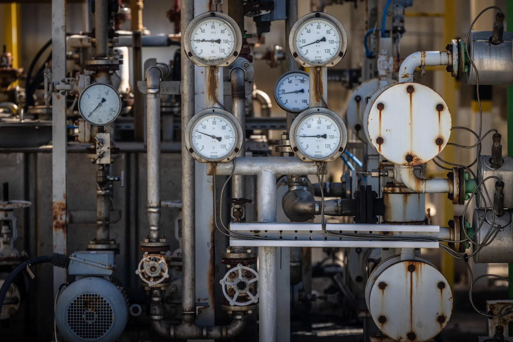 Pressure gauges on pipes at the Enagas SA gas&nbsp;storage and distribution facility at the port of Barcelona.