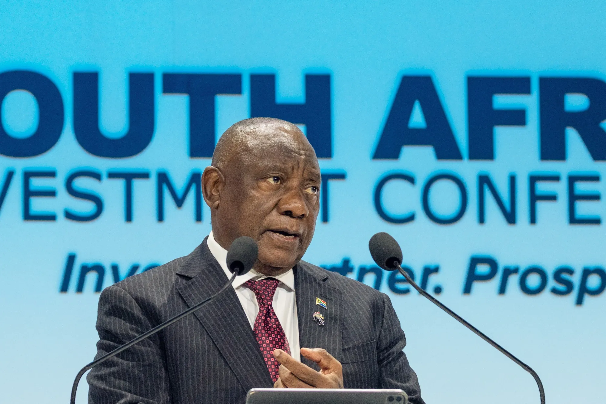 Cyril Ramaphosa speaks at the South Africa Investment Conference in Johannesburg, South Africa, on Tuesday, March 31, 2026.