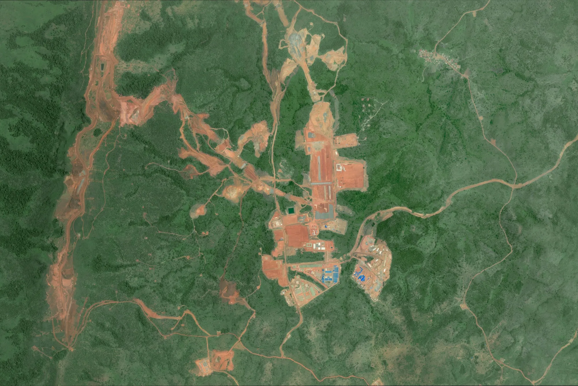 A satellite image of the clearings associated with Blocks 1 and 2 of the Simandou iron ore project in southeastern Guinea.