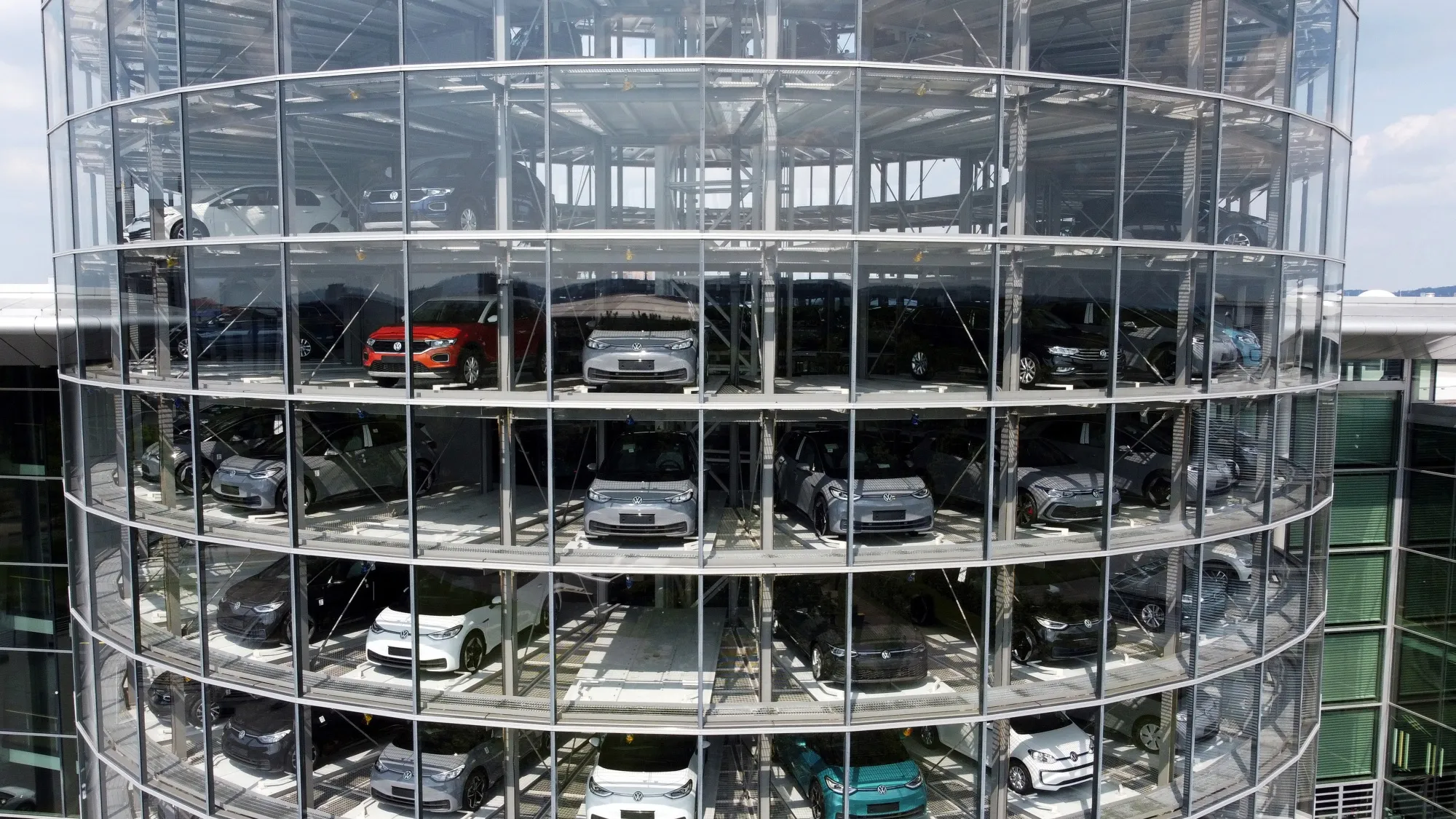 Volkswagen&nbsp;ID.3 electric cars inside a delivery tower at the automaker's factory in Dresden, Germany.&nbsp;