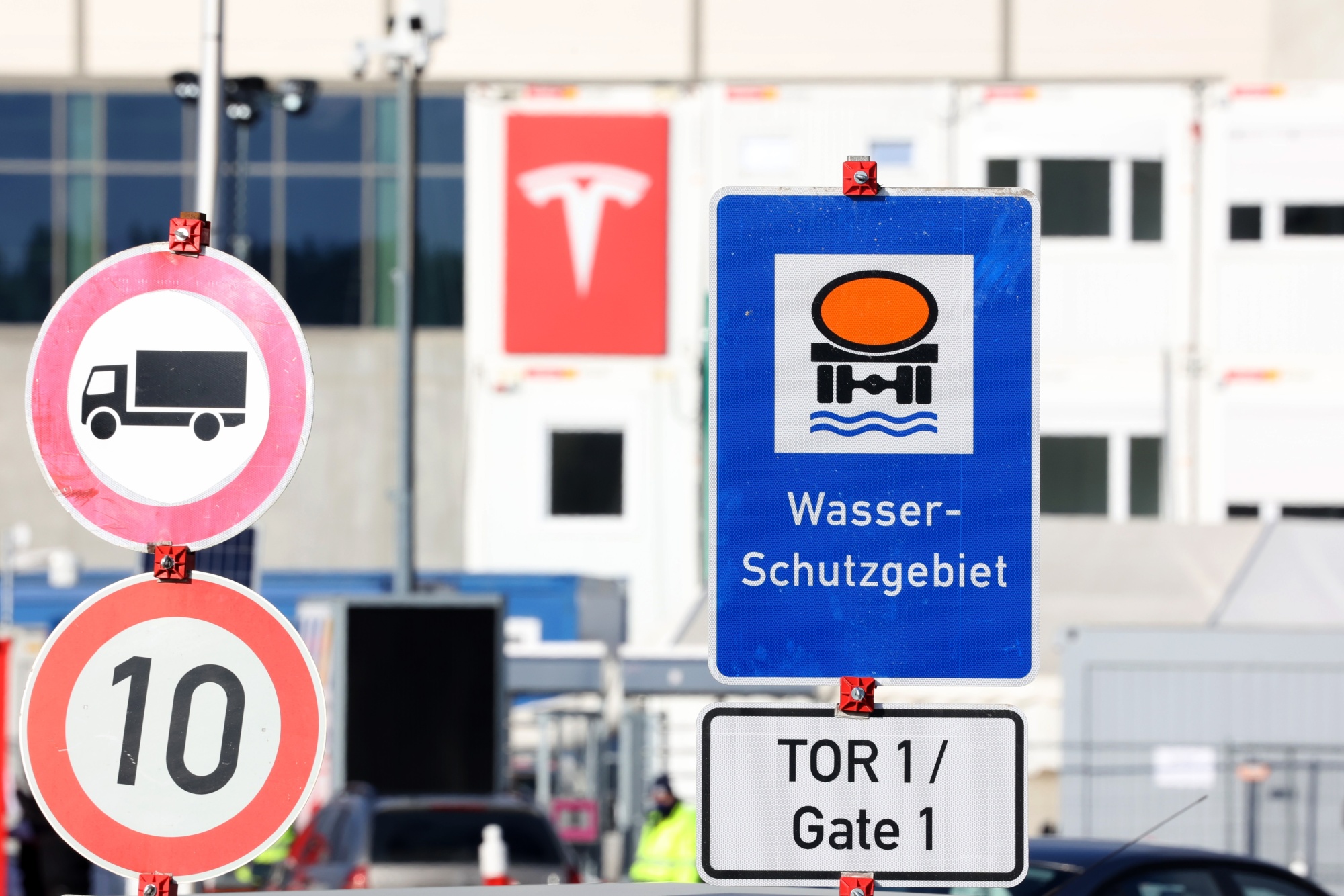A sign designates a &quot;water protection area&quot; at the Tesla&nbsp;Gigafactory construction site in Gruenheide, Germany.