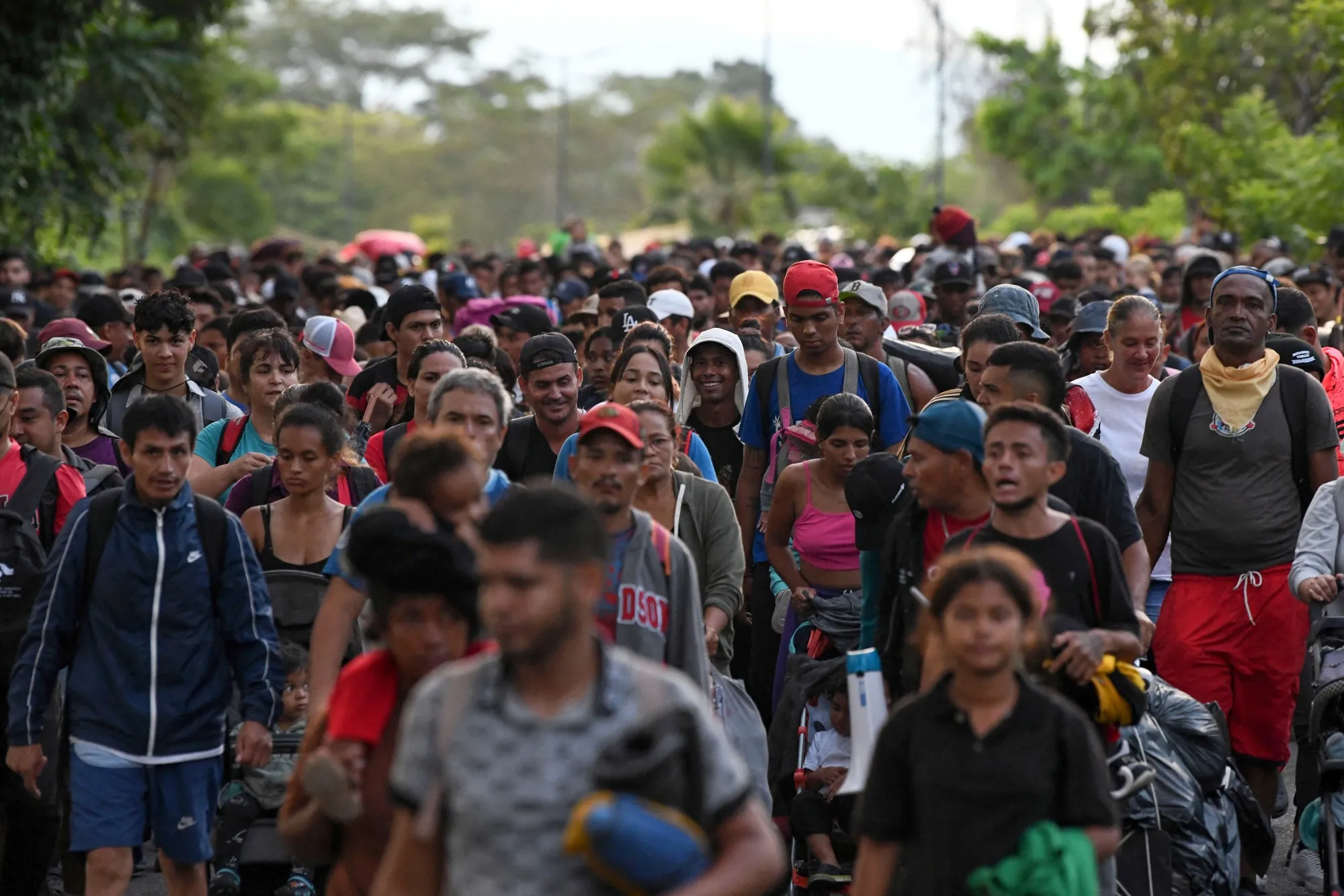 Migrants walk in a caravan towards US near Tapachula, State of Chiapas, Mexico.