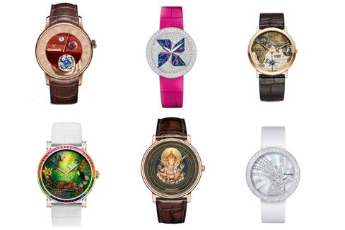Clockwise from top left: Schwarz Etienne La Chaux-de-Fonds "Ode to the week" - Tuesday(Planet Mars), Louis Vuitton "Cruise" Jewelry Watch, Piaget Altiplano Scrimshaw, Chanel Mademoiselle Privé 1932 Comète, Blancpain Villeret Cadran Shakudo, DeLaneau Rondo 42 Elements