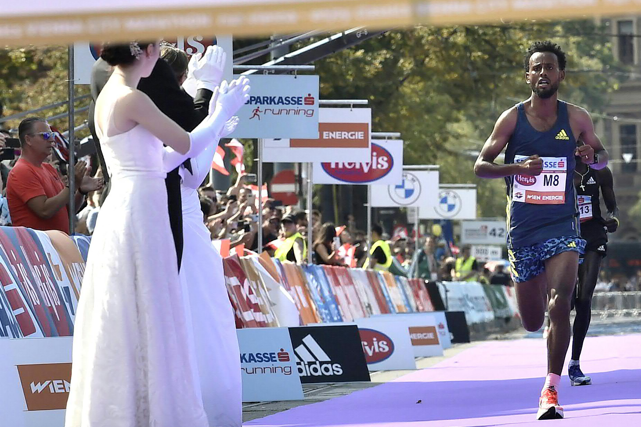 Derara Hurisa reaches the finish area during the Vienna City Marathon in Vienna, Austria, on Sept.&nbsp;12,
