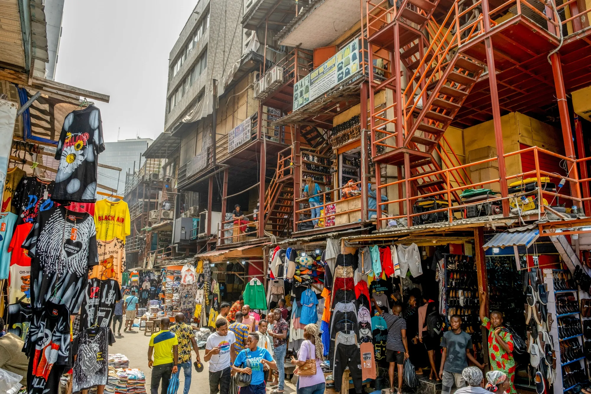 Clothing stalls at Idumota market in Lagos, Nigeria.