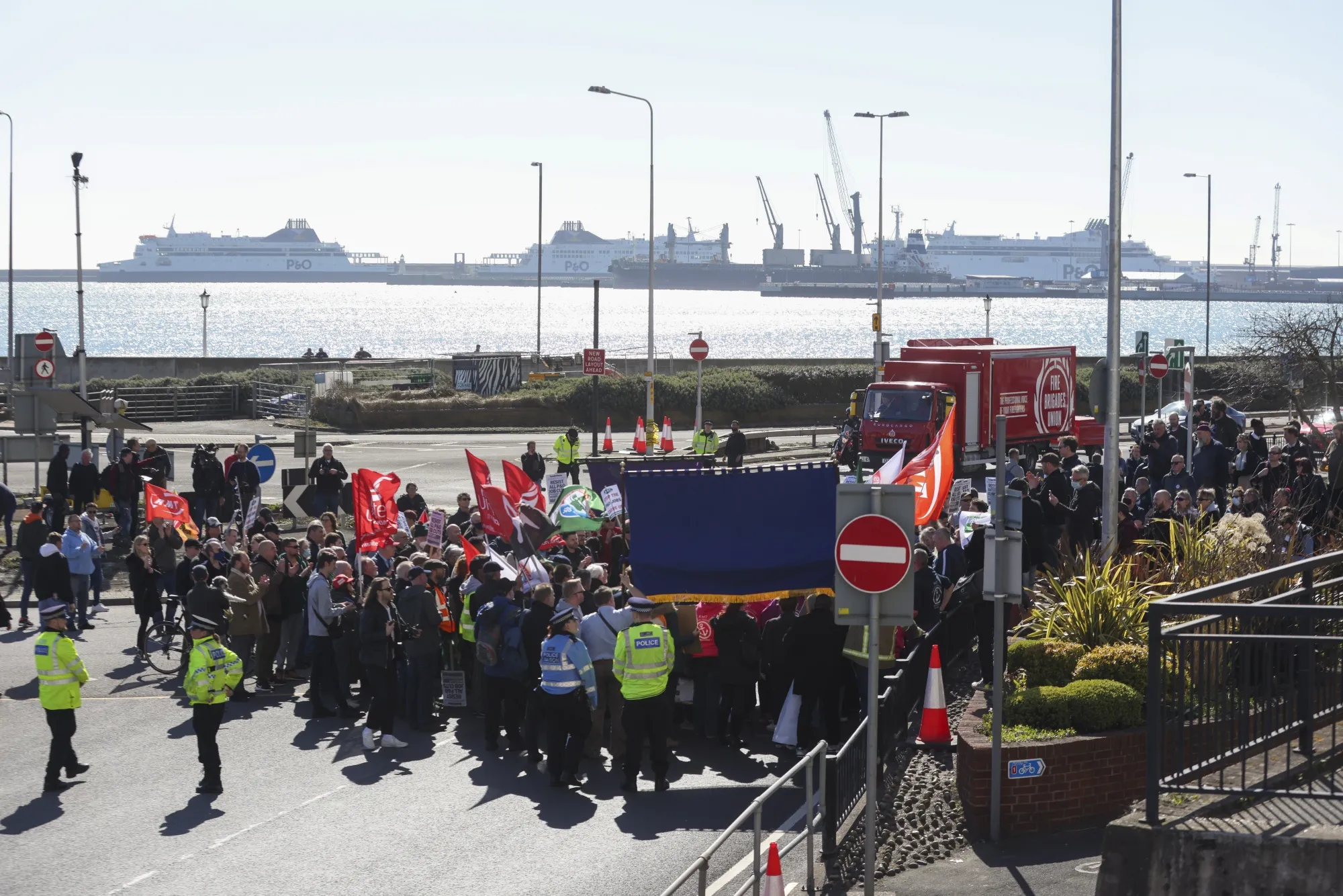 Protesters block an entrance to the port during a demonstration against the sacking of P&amp;O Ferries seafarers at the Port of Dover&nbsp;in Dover, U.K., on March 18.