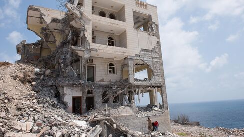 Presidential Palace in Aden, Yemen, destroyed after four months of bombing during the war.