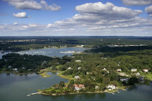 An aerial view of mansions along the coastline near Greenwich, Connecticut.