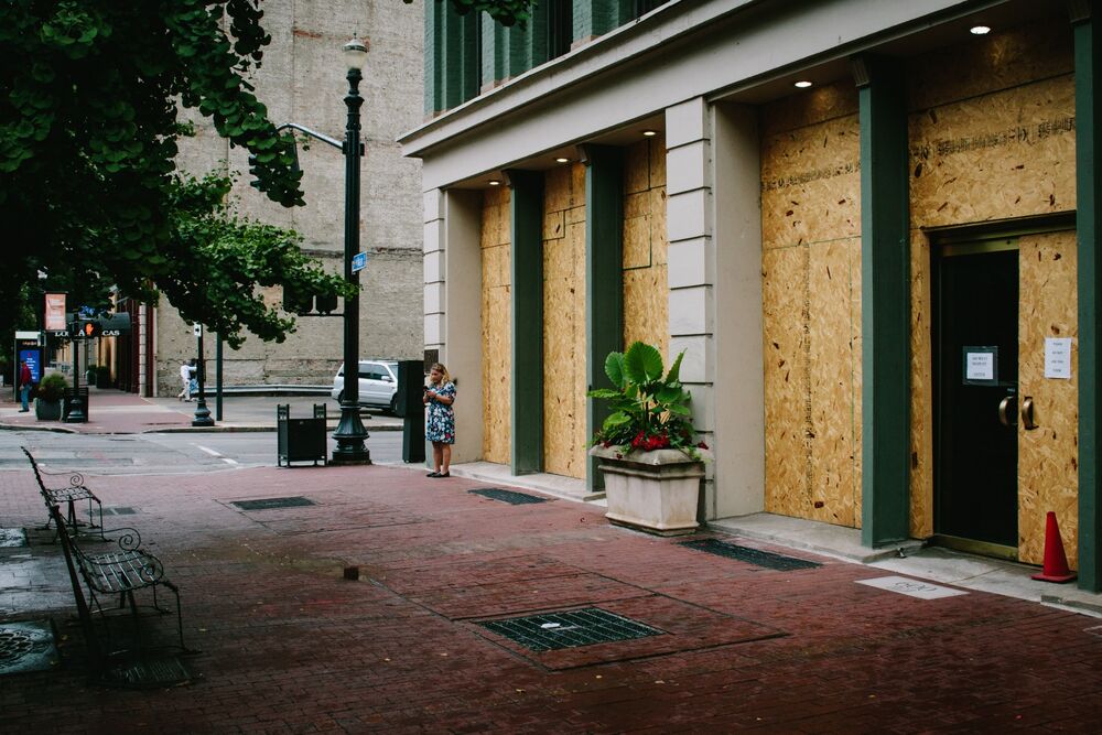 A boarded up building in downtown Louisville.