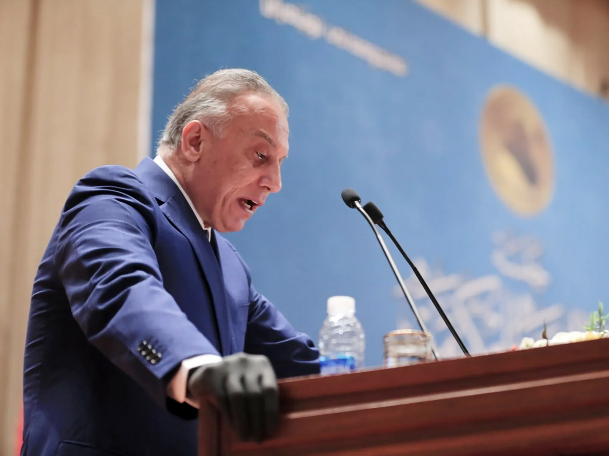 Prime Minister Mustafa&nbsp;Al-Kadhimi speaks in Parliament, in Baghdad, on APril 6.