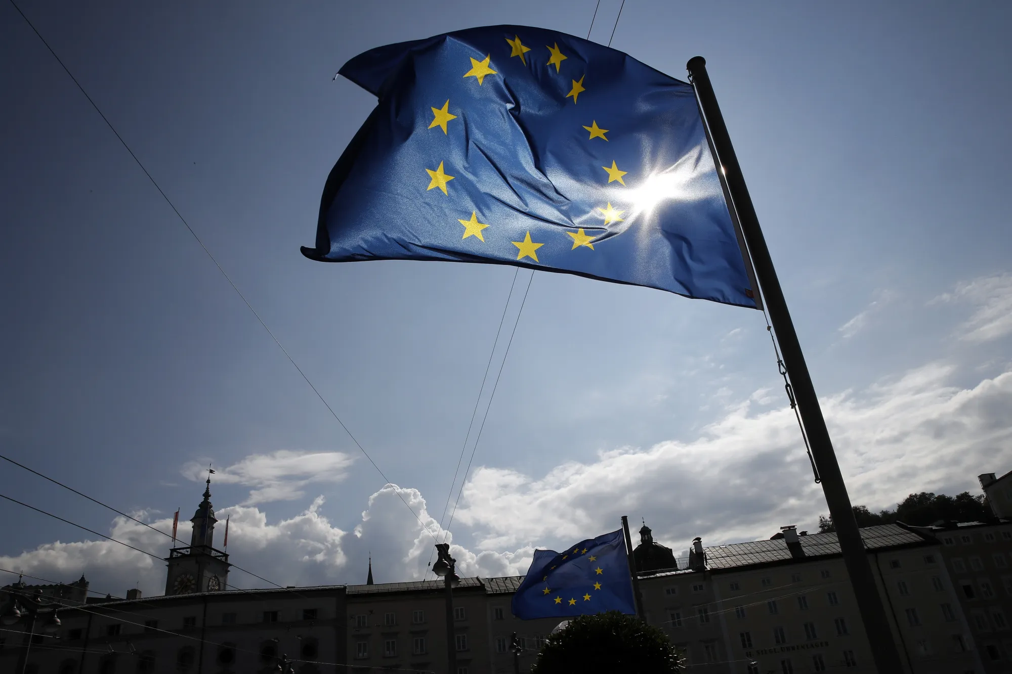 A European Union flag flies in Salzburg.
