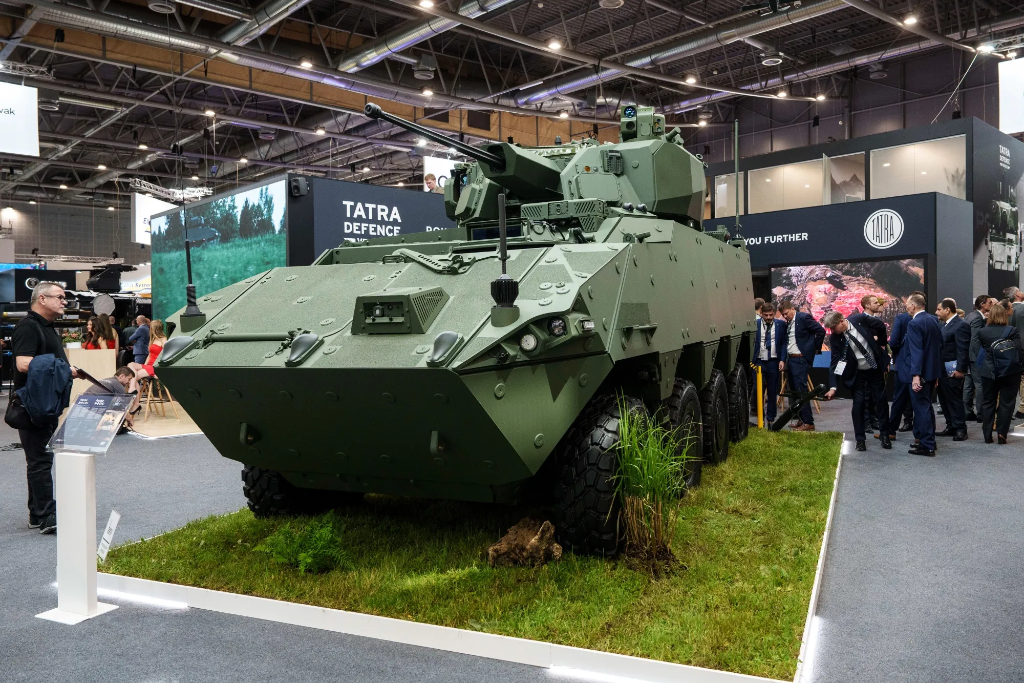 A Pandur 8x8 EVO wheeled armoured vehicle at the CSG stand at the International Defence and Security Technologies Fair, in Brno, Czech Republic.