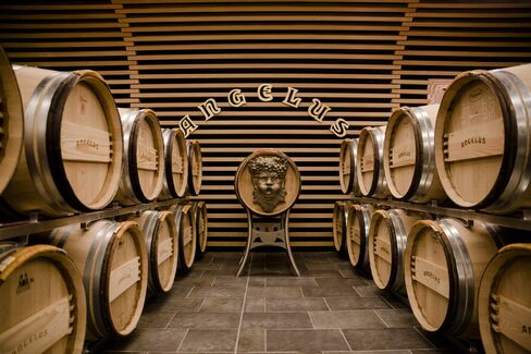 The barrel room at Angelus, where the wine is aged for 18 to 24 months in oak casks before being bottled.