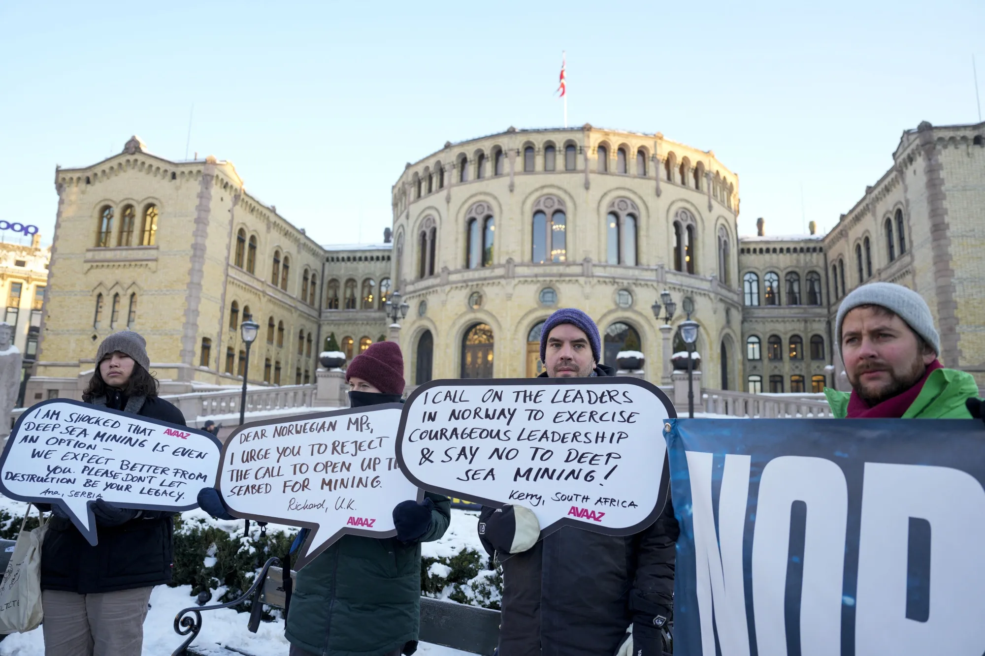 Protesters during a demonstration against seabed mining outside the Norwegian Parliament building in Oslo on Jan. 9.