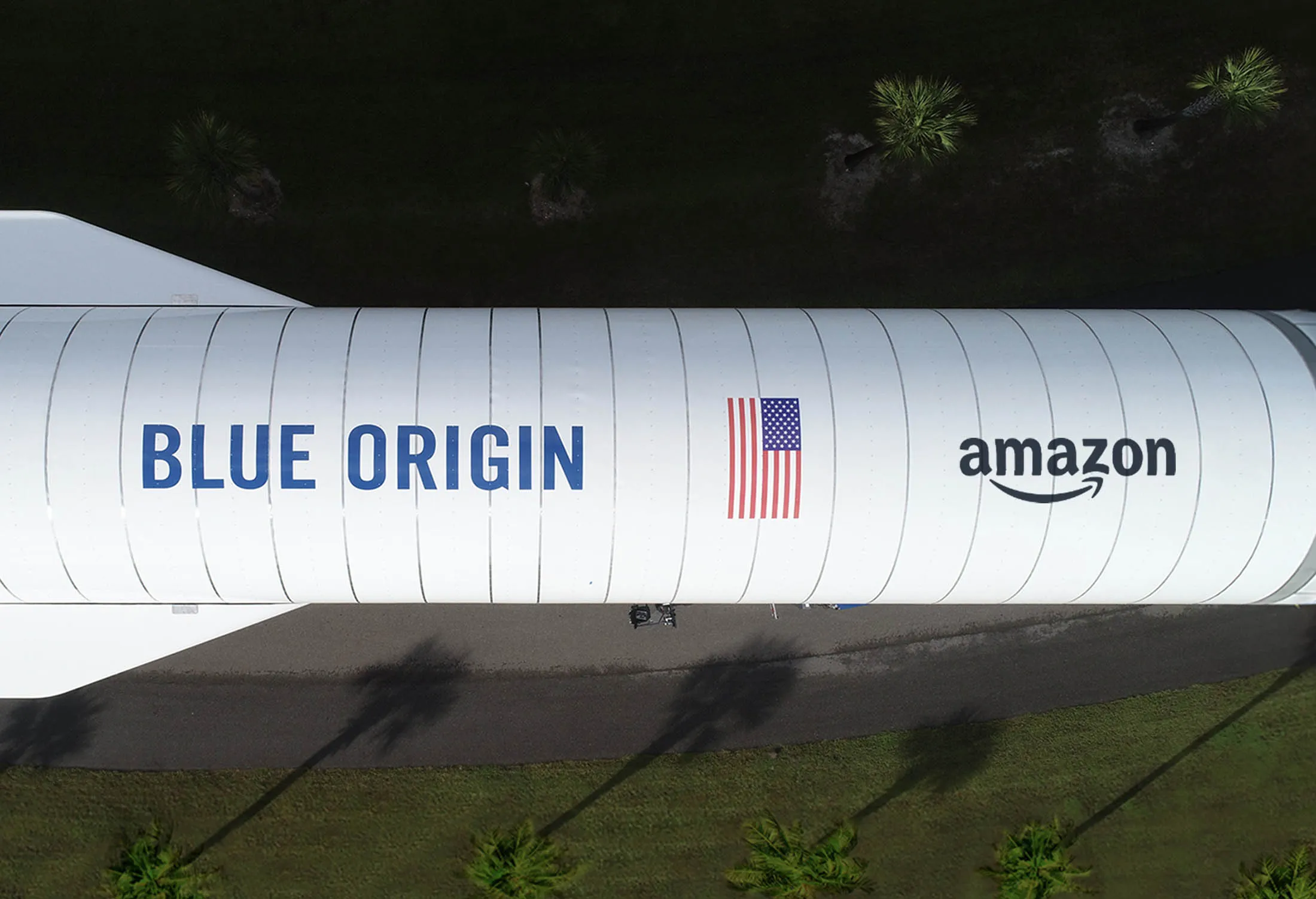 Overhead of the New Glenn rocket from Blue Origin, one of the three heavy-lift launch providers Amazon selected for its Amazon Leo satellite network.