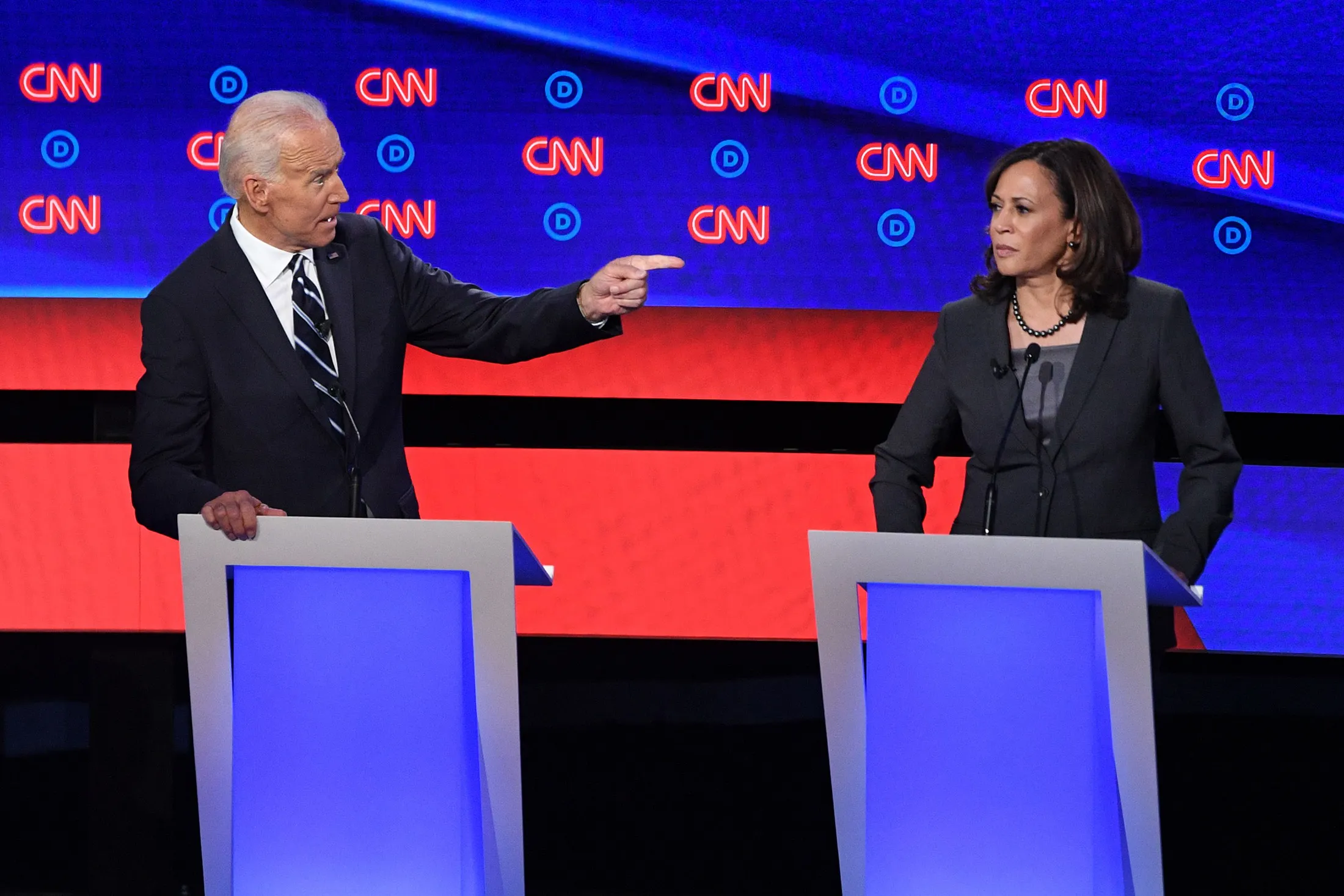 Joe Biden, left, gestures toward Kamala Harris on July 31.