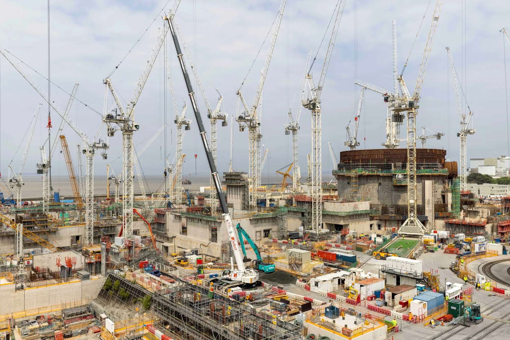 The Unit 1 nuclear reactor surrounded by cranes at Hinkley Point C nuclear power station construction site in Bridgwater, UK, on July 20.