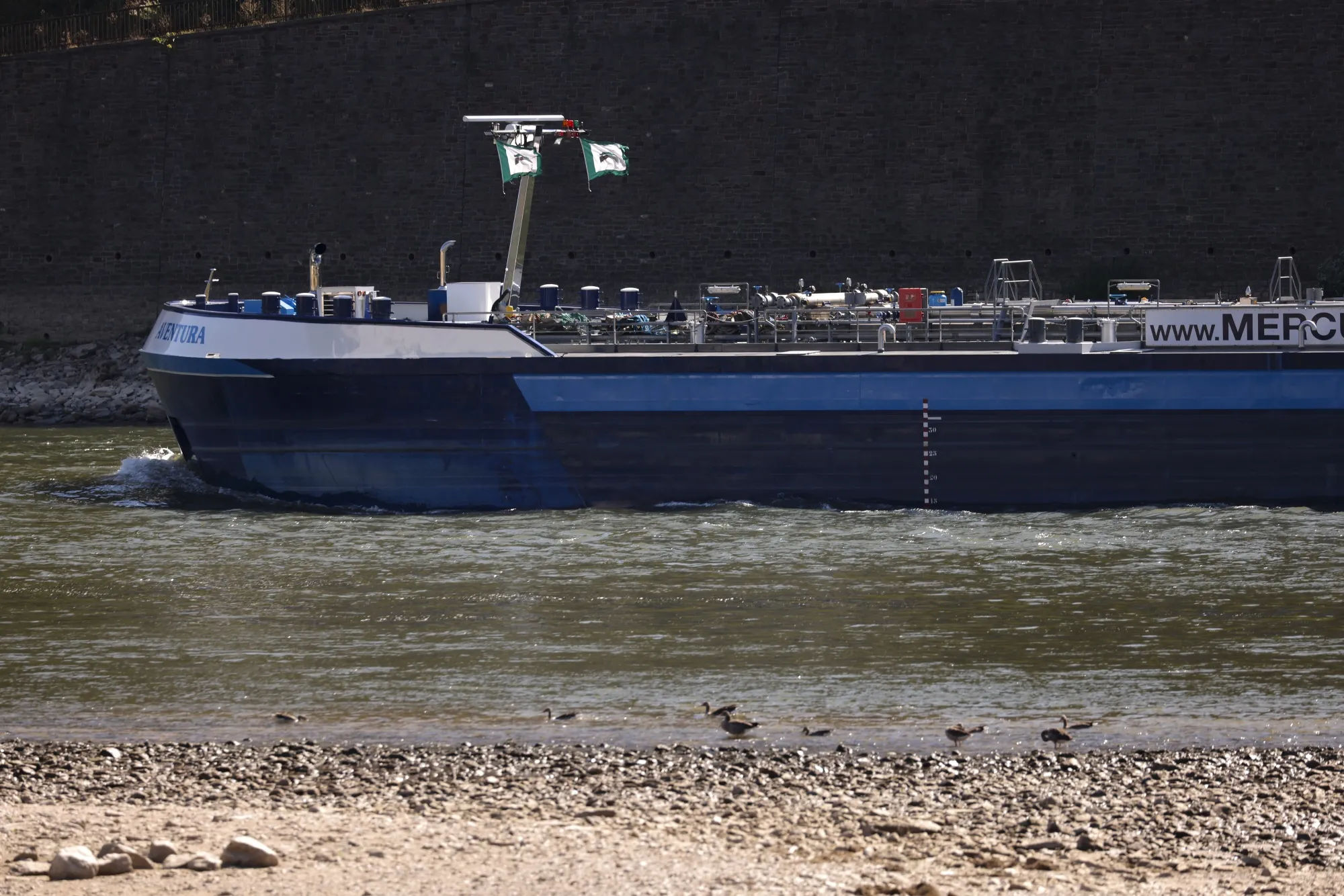 A barge travels along the River Rhine in Kaub, Germany.